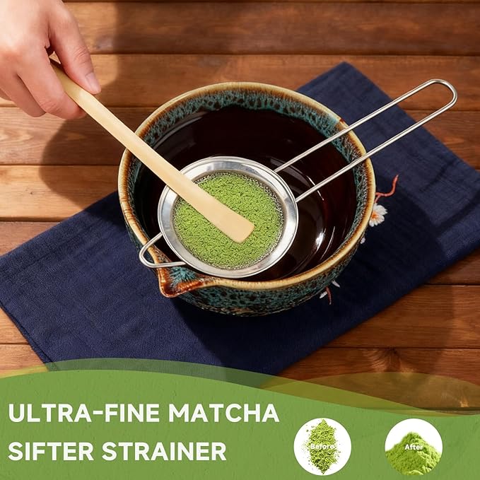 7-Pcs Matcha Whisk Set, Ceramic Matcha Set, Includes Matcha Bowl, Matcha Whisk, Chasen Holder, Bamboo Scoop, Scoop Rest, Stainless Sifter, Tea Towel