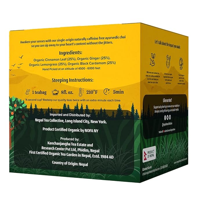Nepal TEA Organic Herbal Chai Tea Bags from the Himalayas - 15 Pyramid Tea Bags, Single Origin Chai Tea from a Family Farm