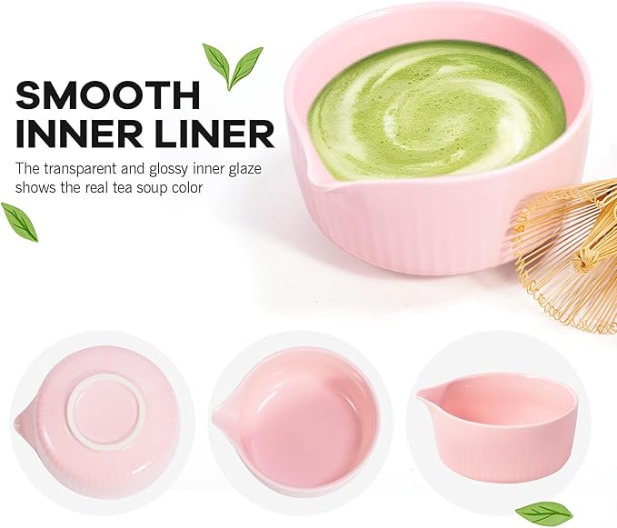 Pink Traditional Matcha Set Whisk and Bowl, 8 Pcs Matcha Making Kit Includes Ceramic Bowl with Spout, Bamboo Whisk, Holder, Scoop, Sifter
