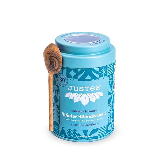 JusTea WINTER WONDERLAND | Loose Leaf Purple Tea | Tin with Hand Carved Tea Spoon | 40+ Cups (2.8oz) | Very Low Caffeine | Award-Winning | Fair Trade | Non-GMO