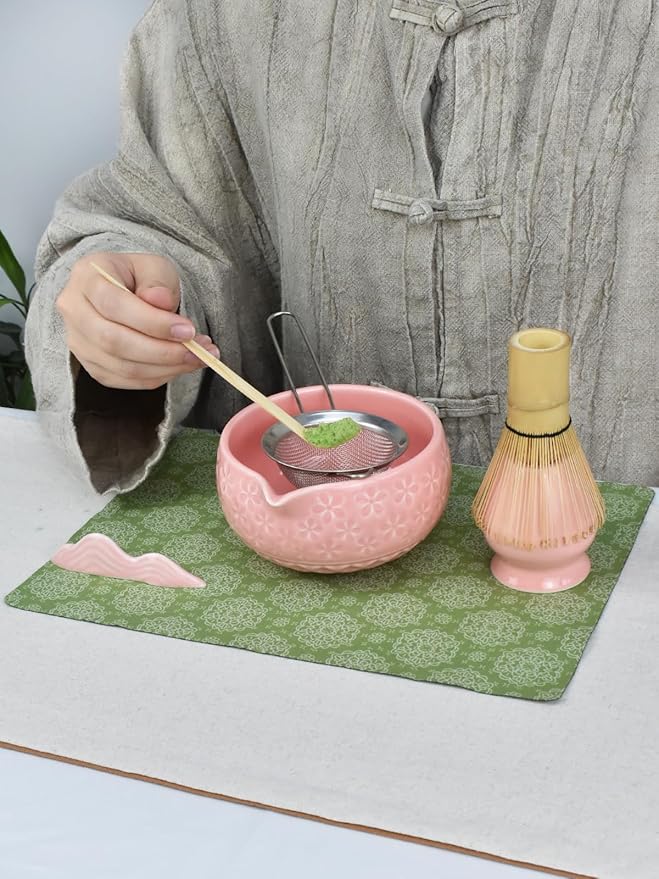 Artcome Matcha Tea Set – Pink Sakura Embossed Ceramic Bowl 17oz with Bamboo Whisk, Whisk Holder, Strainer, Scoop, Tea Spoon, Cloth