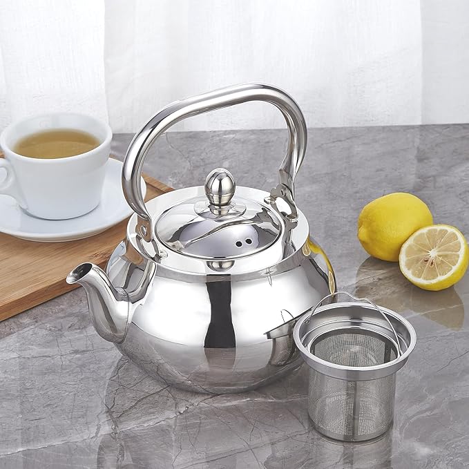 Sanqiahome Stainless Steel Teapot With Removeable Infuser 71 oz (2000ml) Thickened Mirror Polished Stovetop Tea Maker for Herbal and Infusion