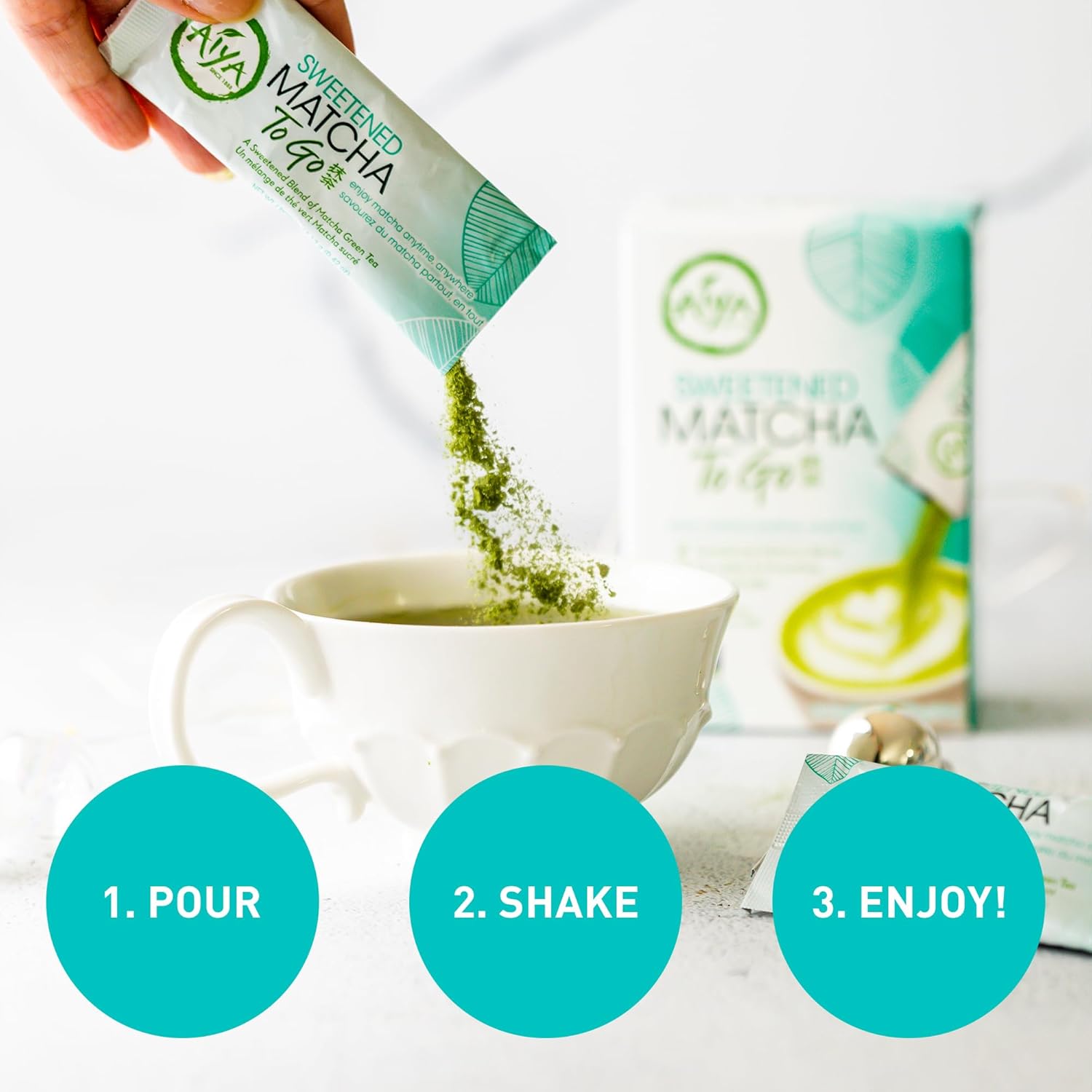 Aiya Japanese Sweetened Matcha Powder to Go Sticks - Ceremonial Grade, Vegan-Friendly, Gluten-Free - 8 Individually Packed Single-Serving Sticks for Freshness and Convenience