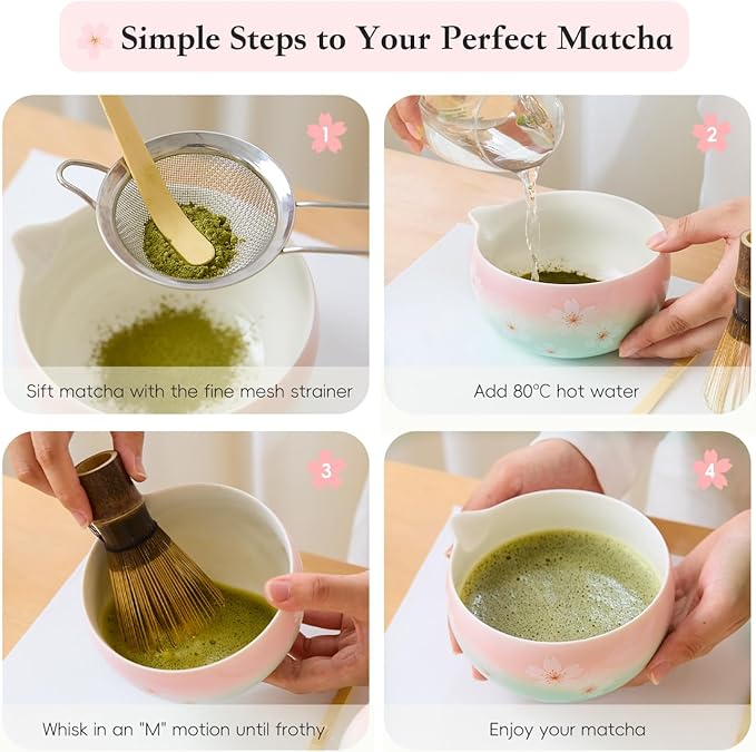 Matcha Whisk Set – Japanese Tea Ceremony Kit with Ceramic Bowl, Purple Bamboo Whisk (Chasen), Holder, Sifter & Scoop – Complete Matcha Kit