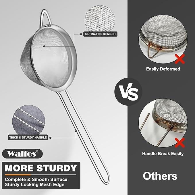 Walfos Small Fine Mesh Tea Strainer, Mini Stainless Steel Sieve with Handle, 2.7 Inch Kitchen Metal Sifter Strainers for Tea, Juicing, Coffee