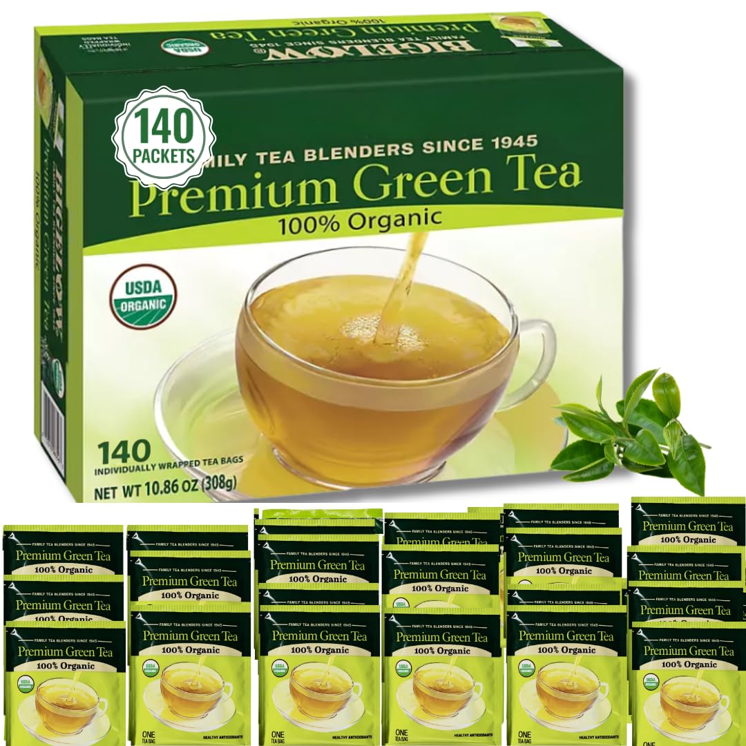 Premium Bigeloww Organic Green Tea 140 Count, Individually Wrapped Tea Bags - For Daily Wellness & Antioxidant Boost - Packaged for Freshness