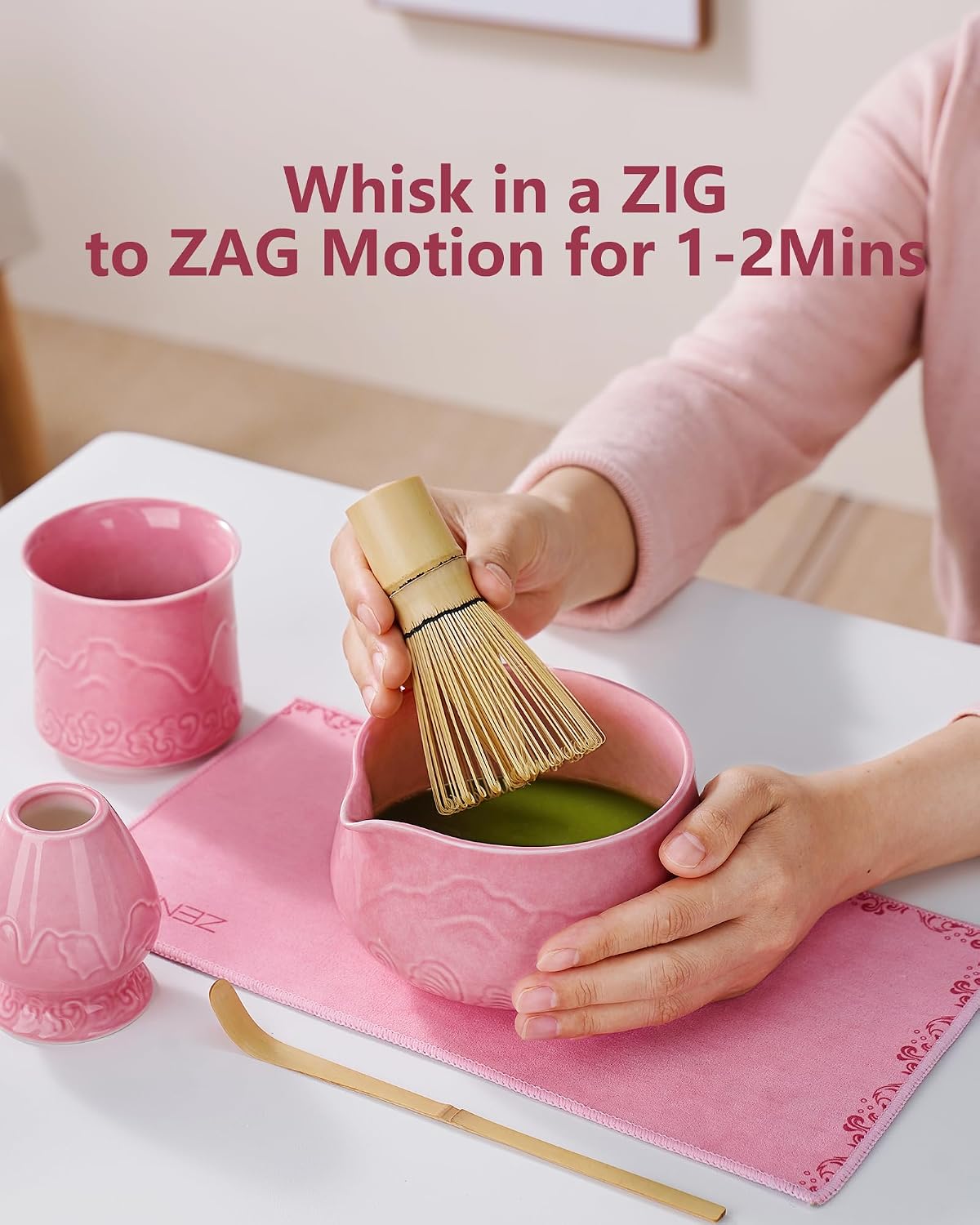 ZENS Premium Matcha Whisk Set with Blooming Cup, 7pcs Matcha Set, Pink | Ceramic Matcha Kit Icludes Ceramic Bowl, Bamboo Whisk, Chasen Holder, Scoop, 304 Sifter and Tea Mat, Matcha Lovers Gifts