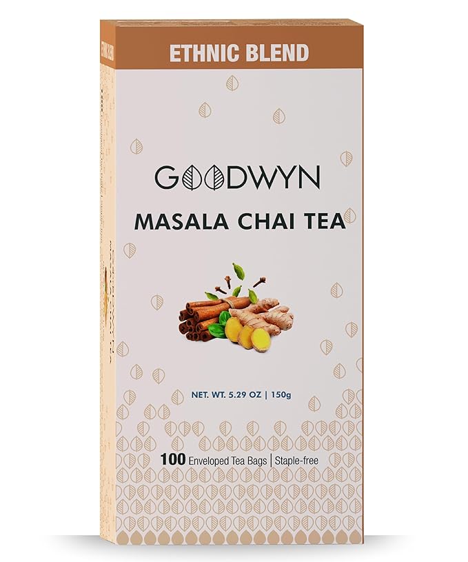 Goodwyn Masala Chai Tea – 100 Individually Wrapped Plastic-Free Tea Bags, Medium Caffeine Black Tea with Pure Indian Spices Cardamom Clove Cinnamon