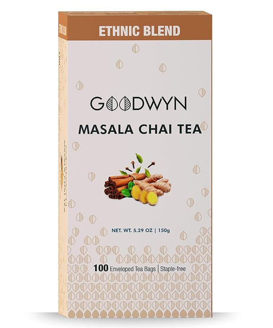 Goodwyn Masala Chai Tea – 100 Individually Wrapped Plastic-Free Tea Bags, Medium Caffeine Black Tea with Pure Indian Spices Cardamom Clove Cinnamon Ginger, Travel-Friendly Sugar-Free Aromatic Spiced Tea, Indian-Origin Classic House Blend