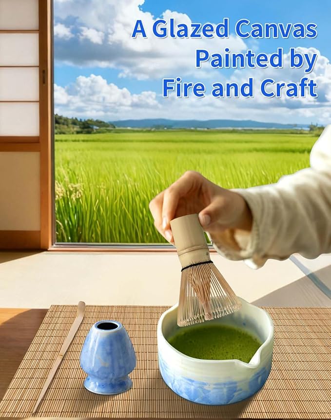 Pottery Matcha Set - Japanese Handcrafted Matcha Tea Bowl Mineral Glaze Bowl with Spout, Bamboo Whisk, Scoop & Chasen Holder | 5pc Tea Ceremony Kit for Matcha Lovers (Azure Erosion)