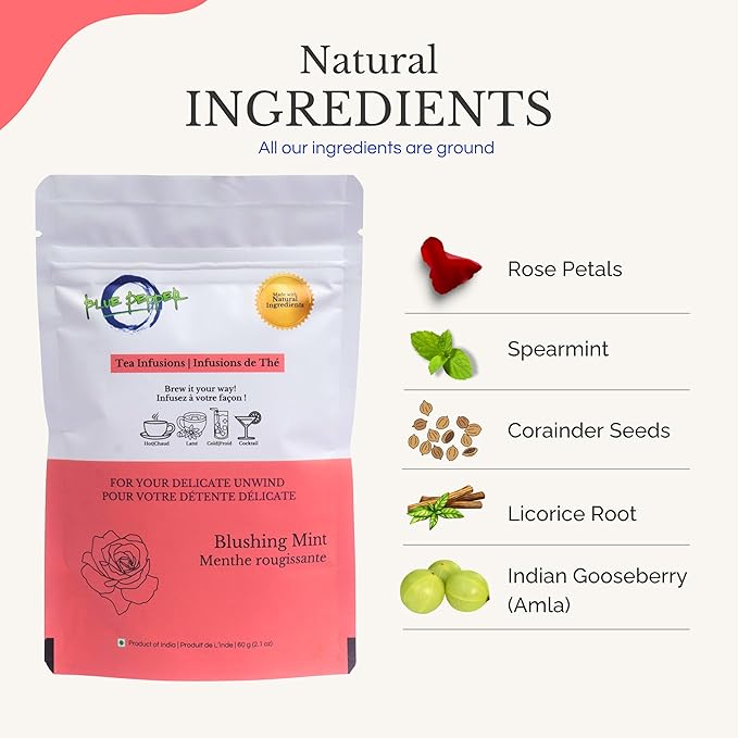 Blue Pepper Mint Tea Infusion, Refreshing Mint Blend with Rose Petals, Coriander, Licorice Root & Amla, Caffeine-Free Natural Beverage