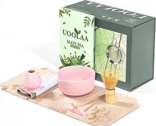 Pink Traditional Matcha Set Whisk and Bowl, 8 Pcs Matcha Making Kit Includes Ceramic Bowl with Spout, Bamboo Whisk, Holder, Scoop, Sifter