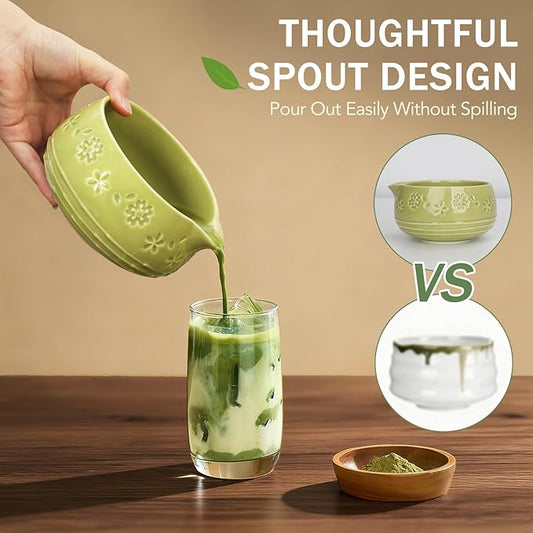 Matcha Whisk Set, Ceramic Bowl with Spout, Bamboo Matcha Whisk & Spoon, Chasen Holder, Scoop Rest, Sifter