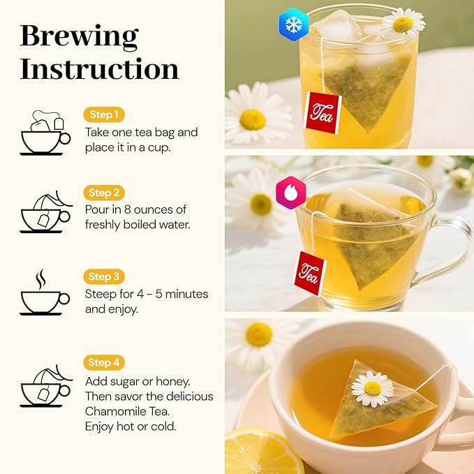 Chamomile Tea Bags, 100% Natural Dried Chamomile Tea Flowers Loose Leaf Premium Herbal Tea No Sugar/Gluten, Caffeine Free-50 Count