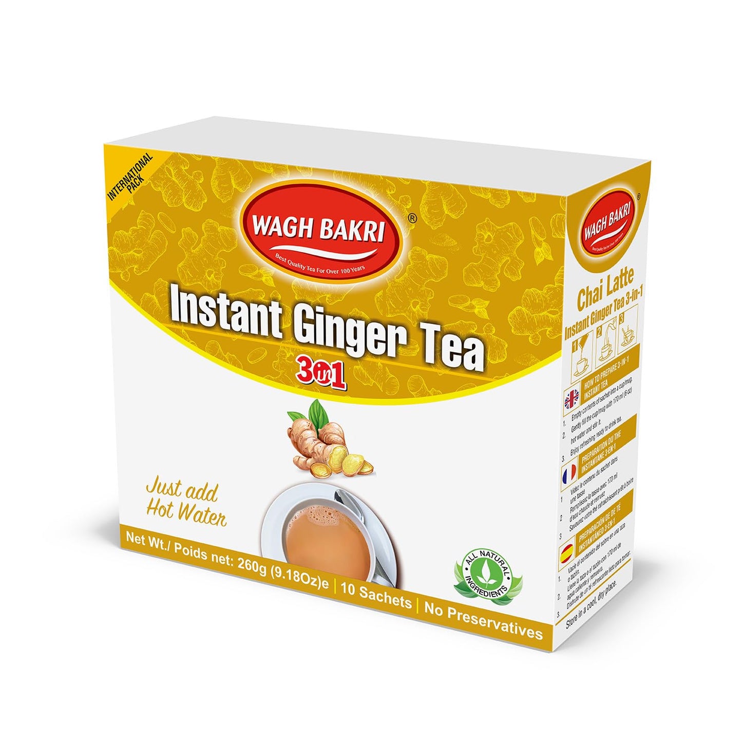 Wagh Bakri Instant Ginger Tea, 3 in 1, Just add Hot Water - 260 grams, 10 Sachets, Stirrers Inside [International Pack]