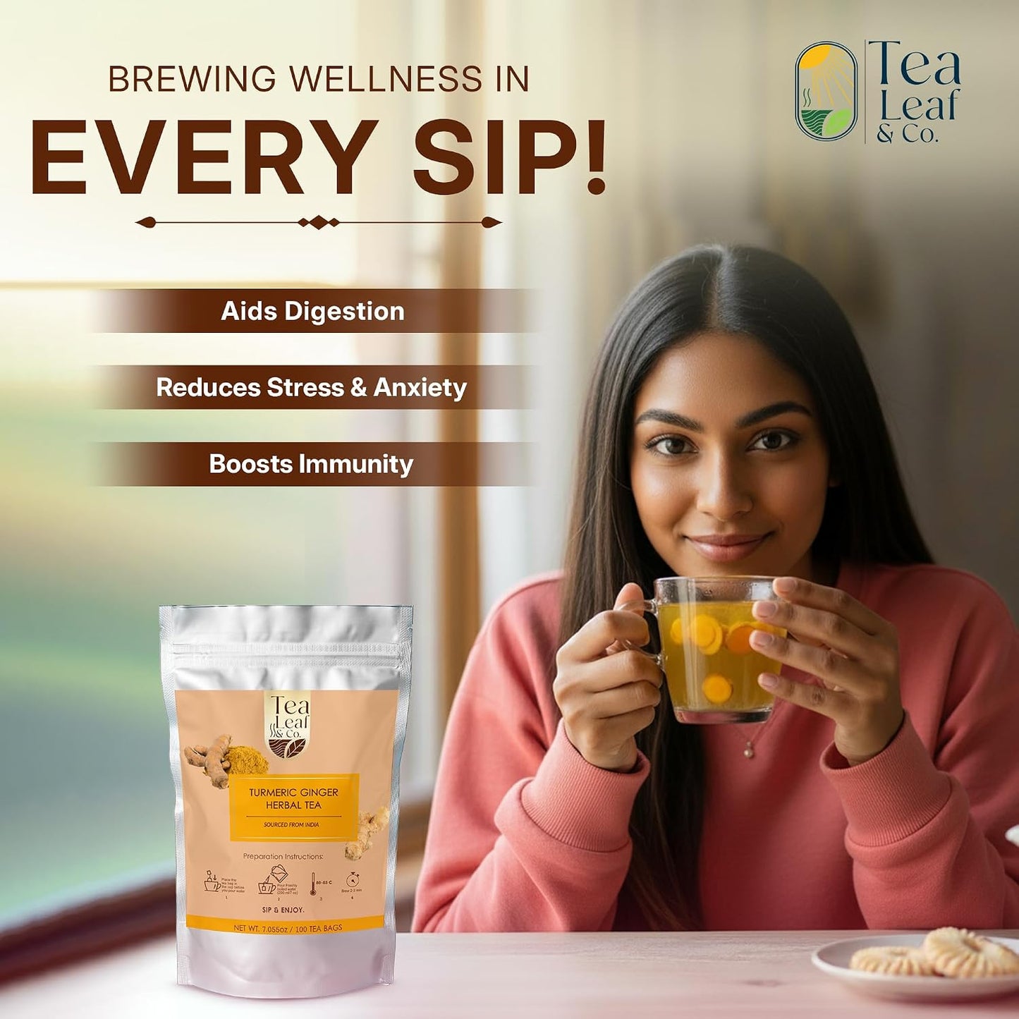 Tealeaf &amp; Co. Turmeric Ginger Herbal Tea - Organic Ginger Turmeric Tea Bags with Fresh Herbs and Spices - Low Caffeine &amp; Gluten Free - 100 Teabags (7.055oz/200gm)