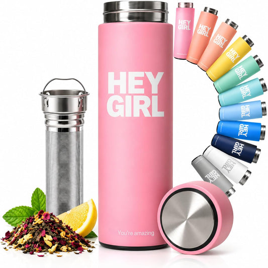 Hey Girl Tea Infuser Bottle 450ml - Insulated Stainless Steel Water Bottle - Tea Tumbler with Tea Diffuser - Portable Travel Mug for Loose Leaf Tea &amp; Infused Water - Tea Lovers Gifts for Women (Pink)