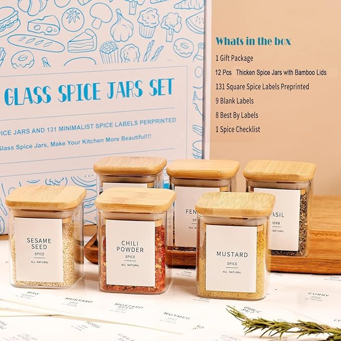 12 Pcs Square Glass Spice Jars with Natural Bamboo Lids - 5oz Airtight Herb Containers with 148 Waterproof Minimalist Spice Labels Preprinted