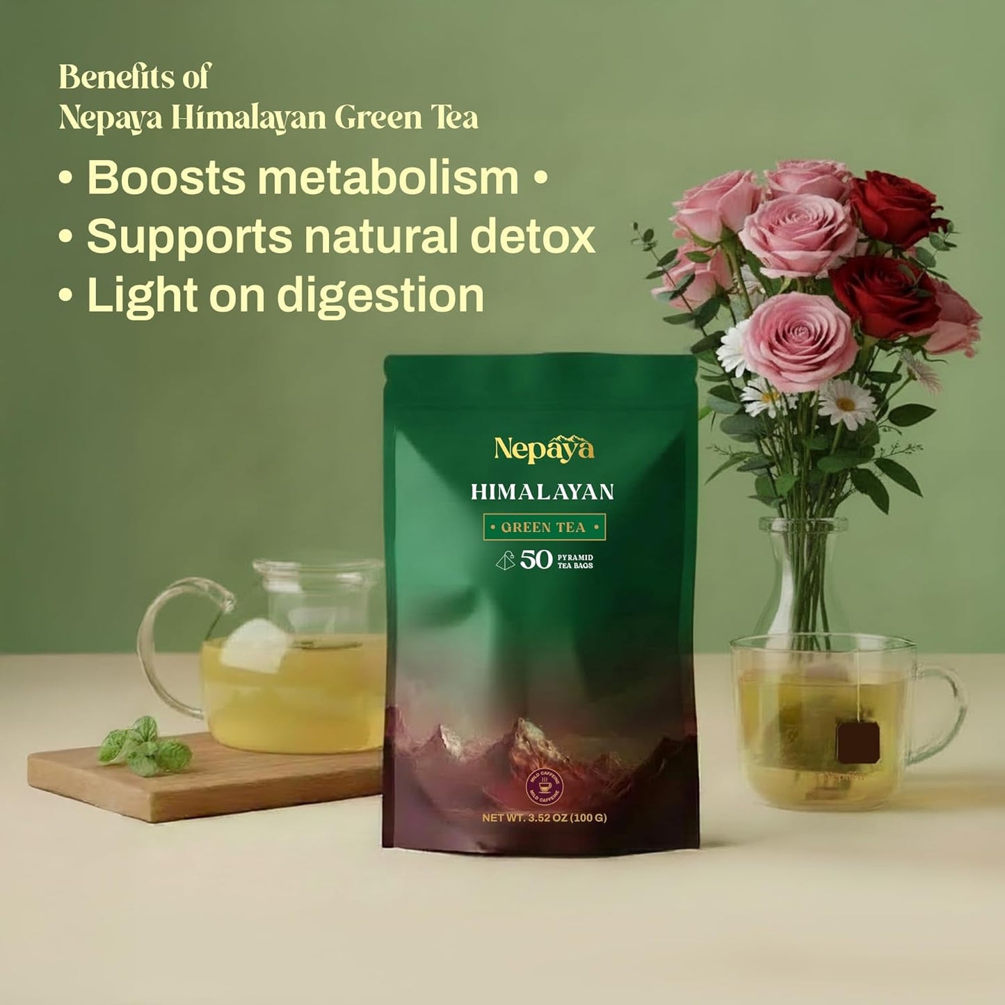 Nepaya Himalayan Green Tea Bags, High Grown Pure Green Tea, Low Caffeine, Smooth & Refreshing Taste, 50 Biodegradable Pyramid Tea Bags, Whole Leaf Green Tea for Hot or Iced Tea, Fresh & Natural Flavor