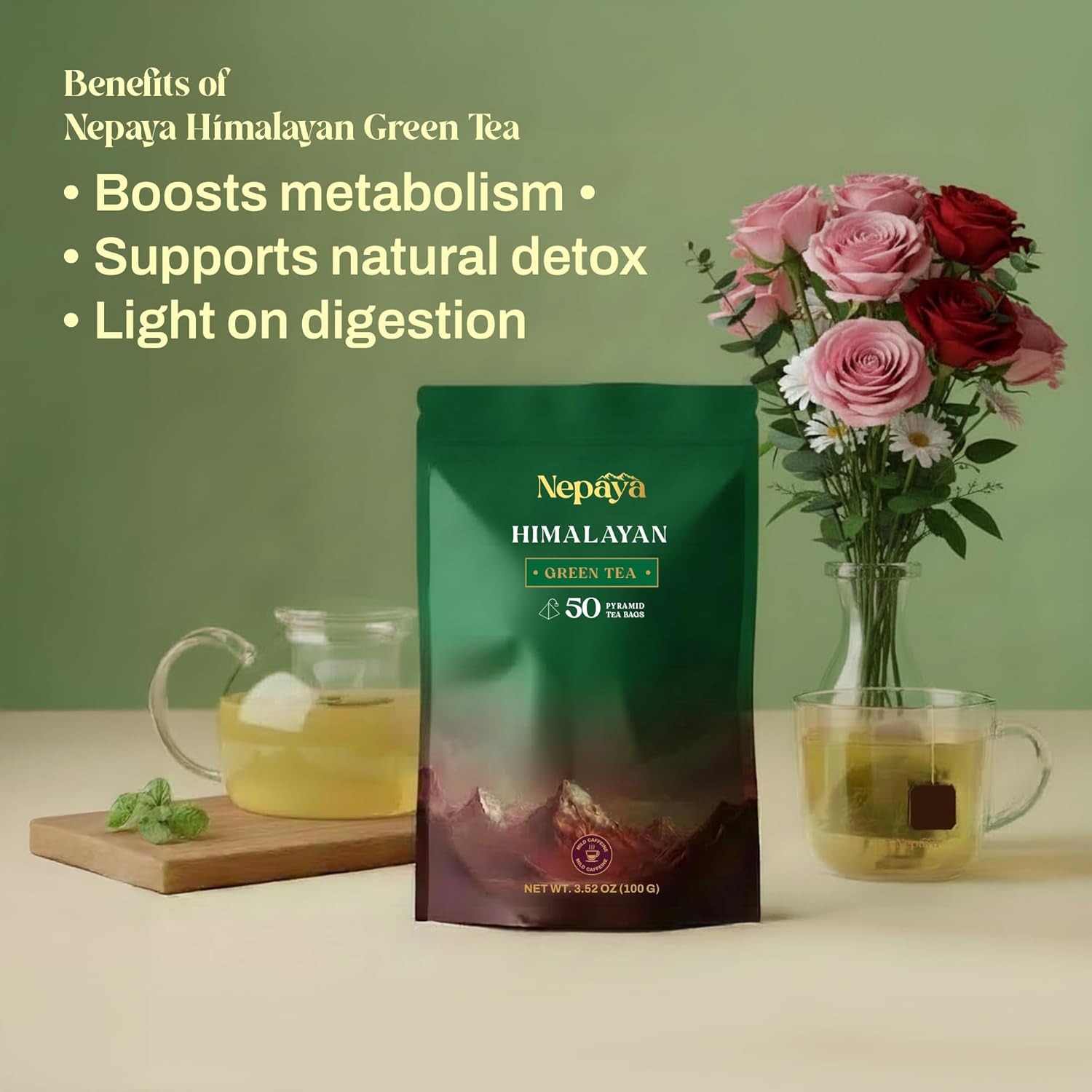 Nepaya Himalayan Green Tea Bags, High Grown Pure Green Tea, Low Caffeine, Smooth & Refreshing Taste, 50 Biodegradable Pyramid Tea Bags, Whole Leaf Green Tea for Hot or Iced Tea, Fresh & Natural Flavor