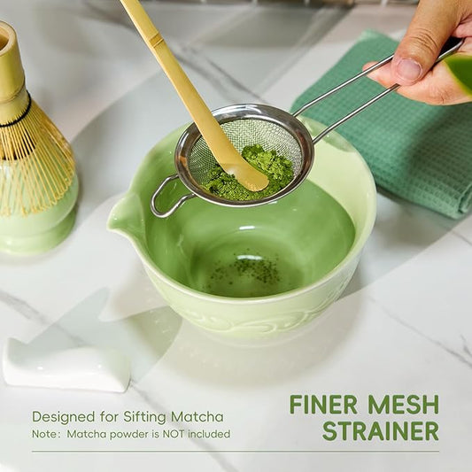 7-Pcs Matcha Whisk Set, Matcha Kit Set Includes Bowl With Spout, 100% Natural Bamboo Whisk, Japanese Ceremony Matcha Tea Making Tools - Ideal Gift Christmas, Birthday（Lucky Green）
