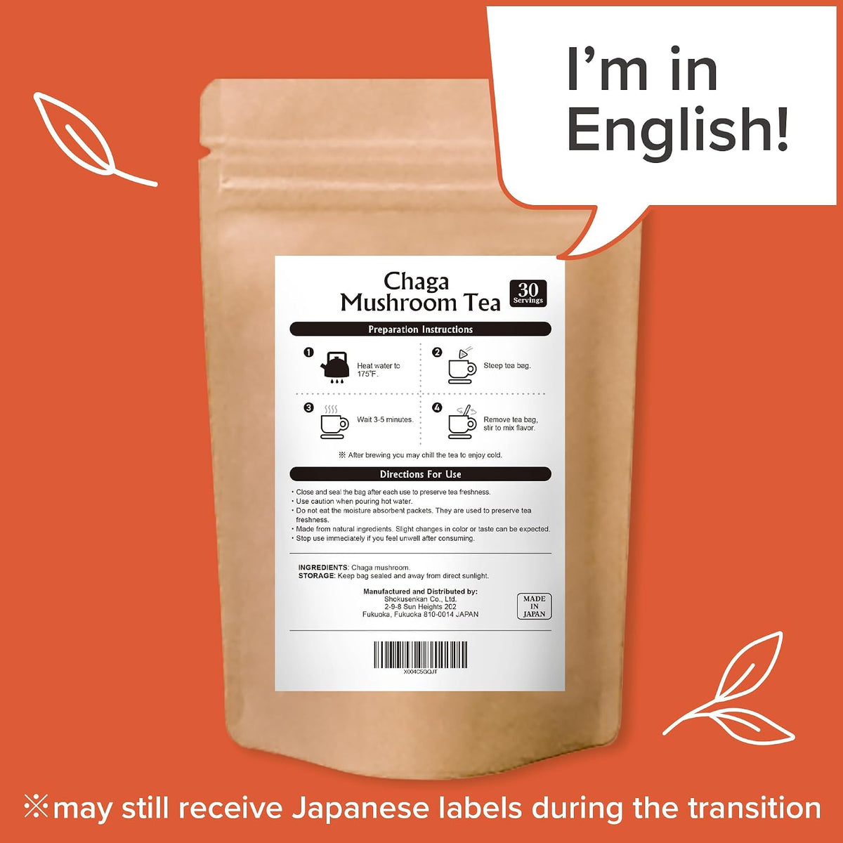 Onkatsu Frarm Chaga Tea Bags 30 Count Teabags Caffeine Free