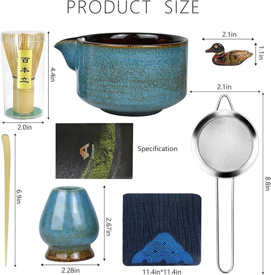 Artcome 7 Pcs Complete Matcha Ceremony Kit for Tea Ceremony, Bowl with Pouring Spout, Whisk, Tea Scoop, Matcha Powder Strainer, Matcha Tea Set For Making Usucha, Koicha and Matcha Latte (Sapphire)