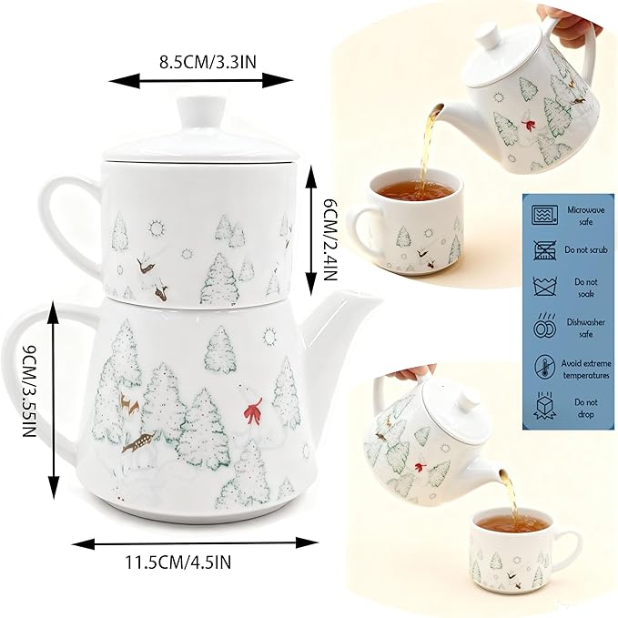 Christmas Teapot Set Ceramic Tea Pot with English Breakfast Tea, 17OZ Christmas Tree Tea Kettle with Mug as Birthday & New Year Gifts for Home &