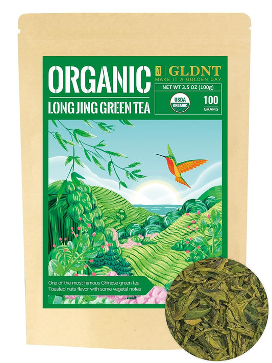 GLDNT Organic Longjing Green Tea, Chinese Dragon Well Tea Loose Leaf, 3.5oz | Fresh &amp; Brisk Taste, Smooth Finish, Toasty Bean Aroma, Caffeinated Green Tea, Hot or Iced Tea, Resealable Bag