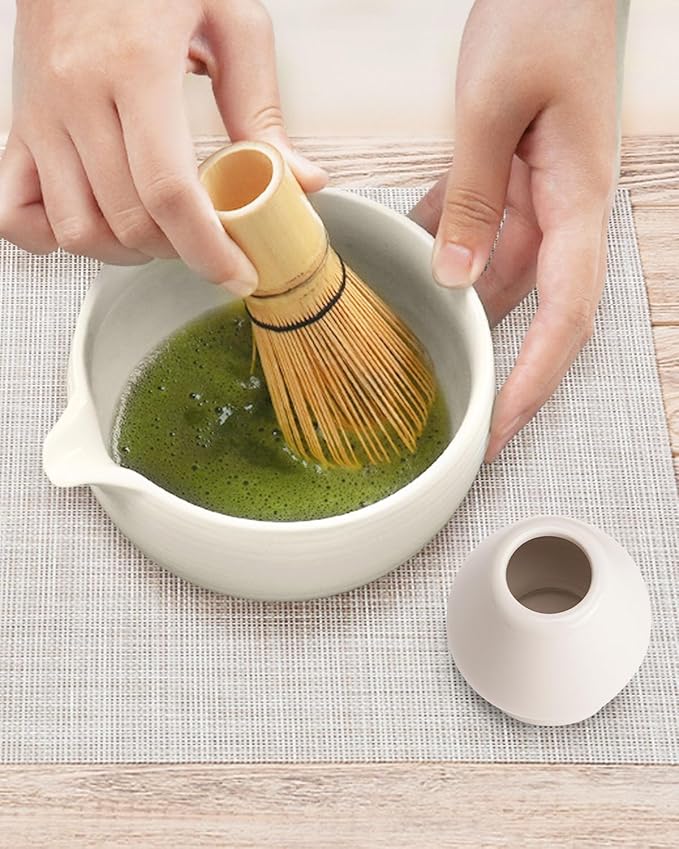 Matcha Bowl and Whisk Holder Set, Ceramic Tea Bowl and Whisk Stand, Matcha Tea Mixing Bowl with Spout (18 Ounce), Whisk Rest, Ivory White