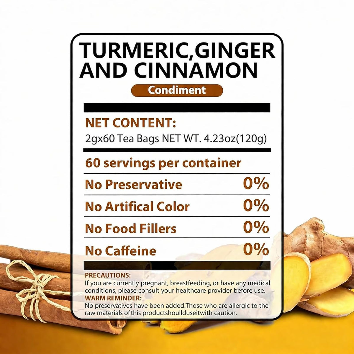 AISDWH, 60 Premium Turmeric Ginger Cinnamon Tea Bags, Caffeine-Free