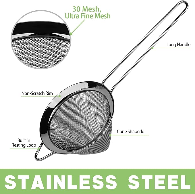 2 Pack Stainless Steel Small Food Strainer, Fine Mesh Sieve with Long Handle, Cocktail Strainer For Cocktails, Tea Herbs, Coffee & Drinks