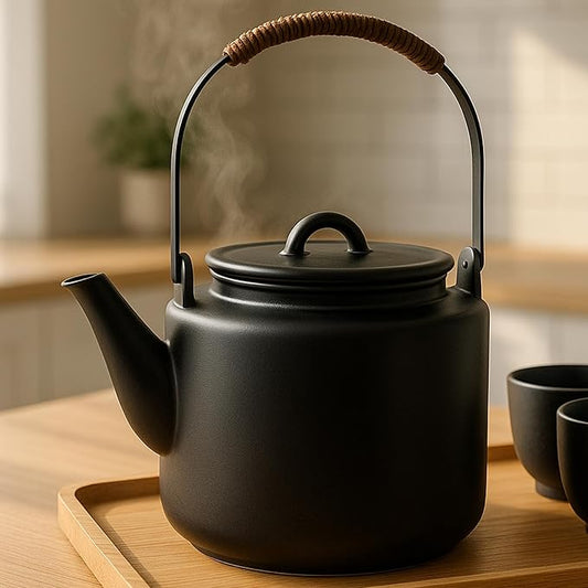Small Stove Safe Ceramic Teapot with Cold Touch Curved Handle (27oz) - Hand-Glazed Finish - Suitable for Boiling Water and a Variety of Teas and Herbs - Matte Black