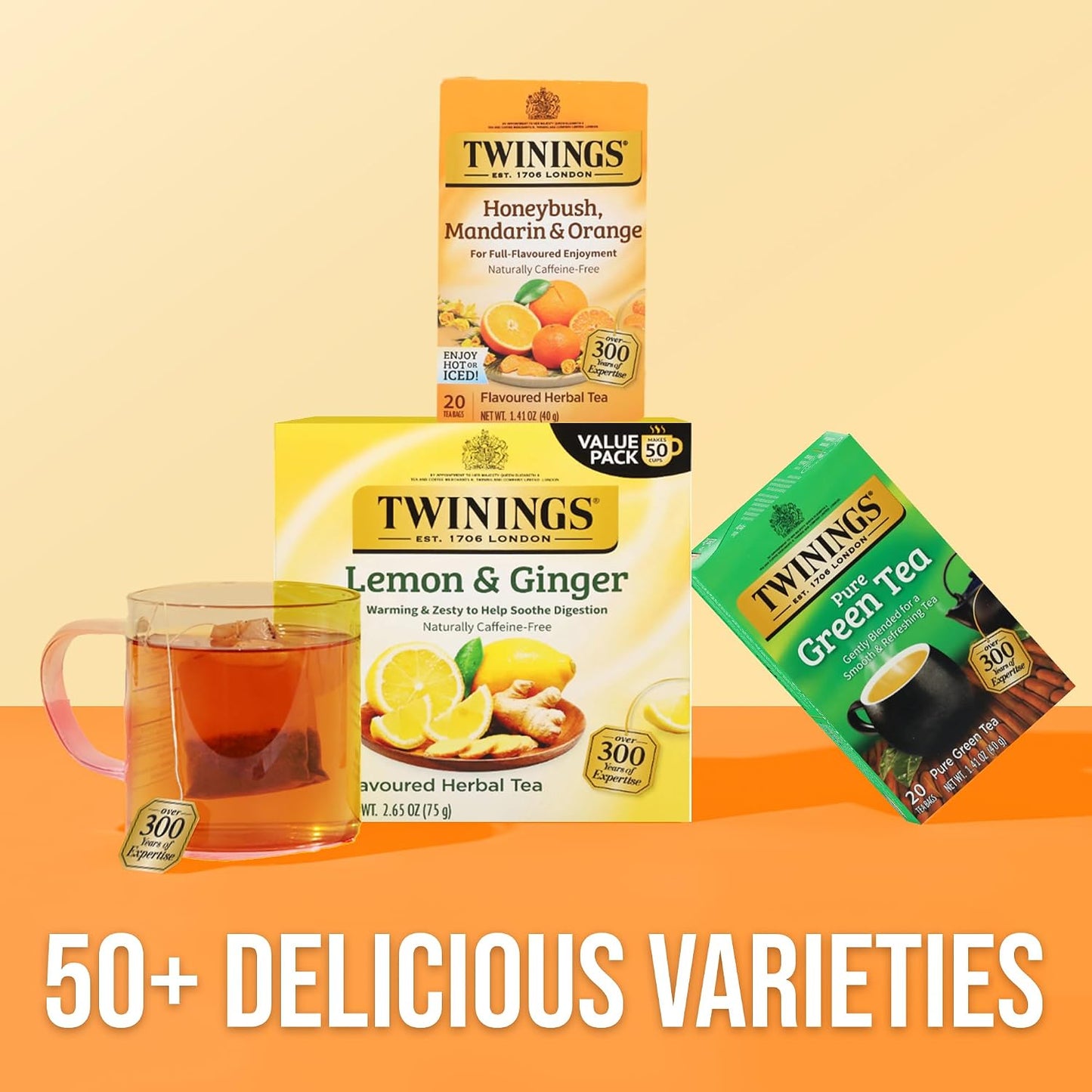 Twinings Honeybush, Mandarin &amp; Orange Herbal Tea Bags, 20 CT Box (6 Pack) | South African Honeybush Flavourful Citrus, Naturally Caffeine-Free, 120 Foil Lined Individually Wrapped Bags, Enjoy Hot/Iced