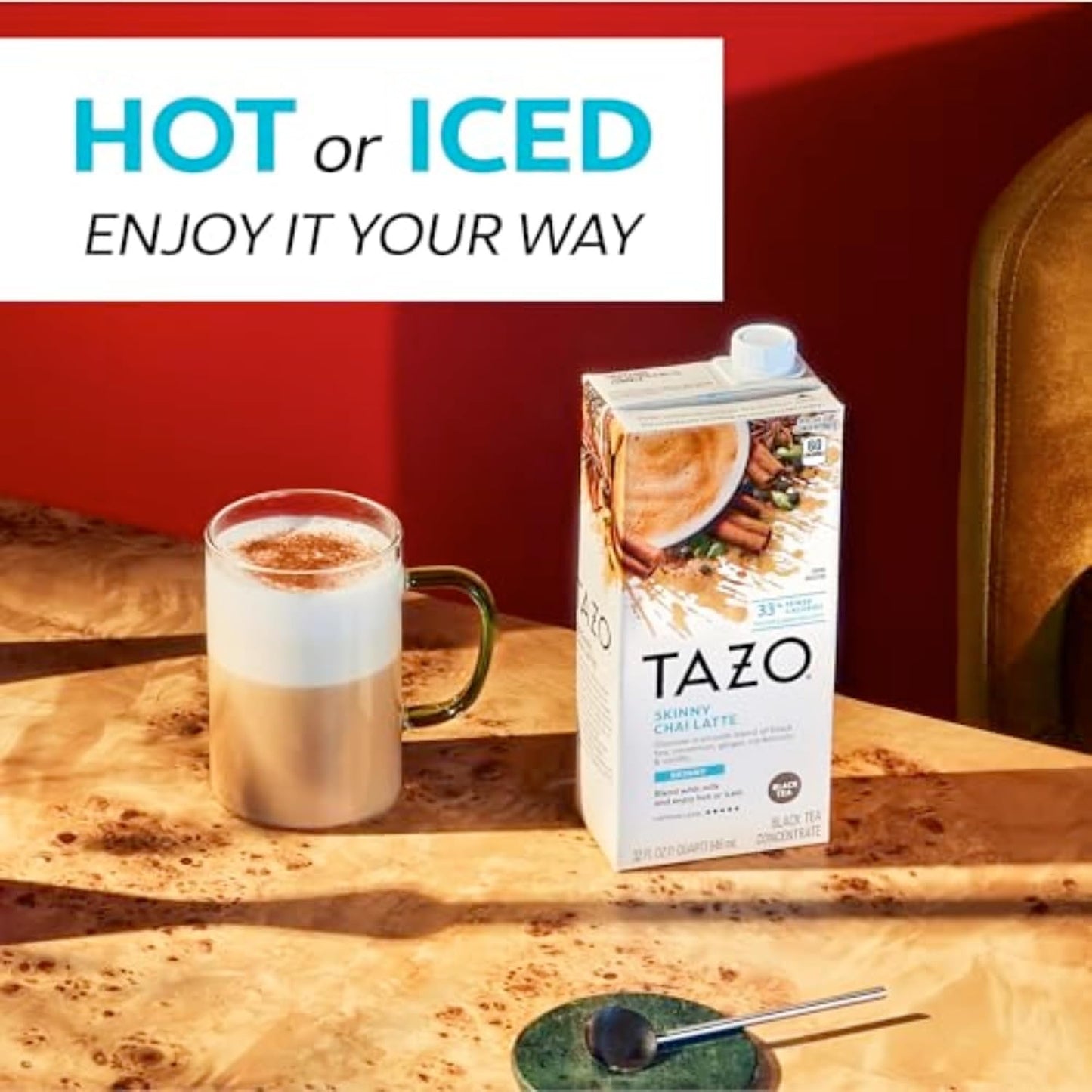 TAZO Skinny Chai Latte Concentrate, 32 oz Cartons, 2-Pack | Low Calorie Black Tea Blend with Cinnamon, Cardamom, Ginger