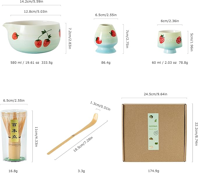 Matcha Whisk Set, Cute Strawberry Matcha Bowl Set with 2 Cups, Bamboo Whisk, Scoop & Holder, Matcha Kit Gift for Tea Lovers and Tea Ceremony