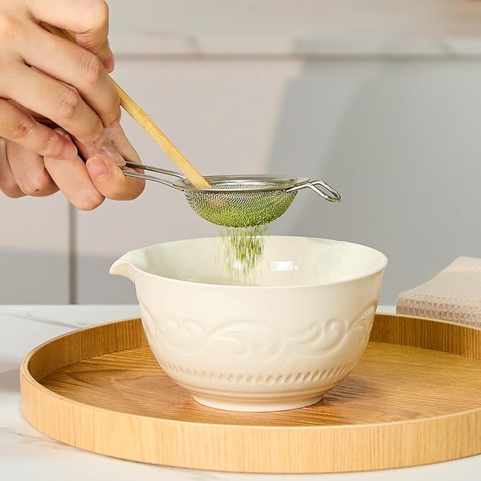 Matcha Whisk Set, Ceramic Matcha Set Kit, 7 Pcs Includes Bowl, Whisk and Holder, Bamboo Scoop, Scoop Rest, Strainer and Tea Towel （Freedom White）