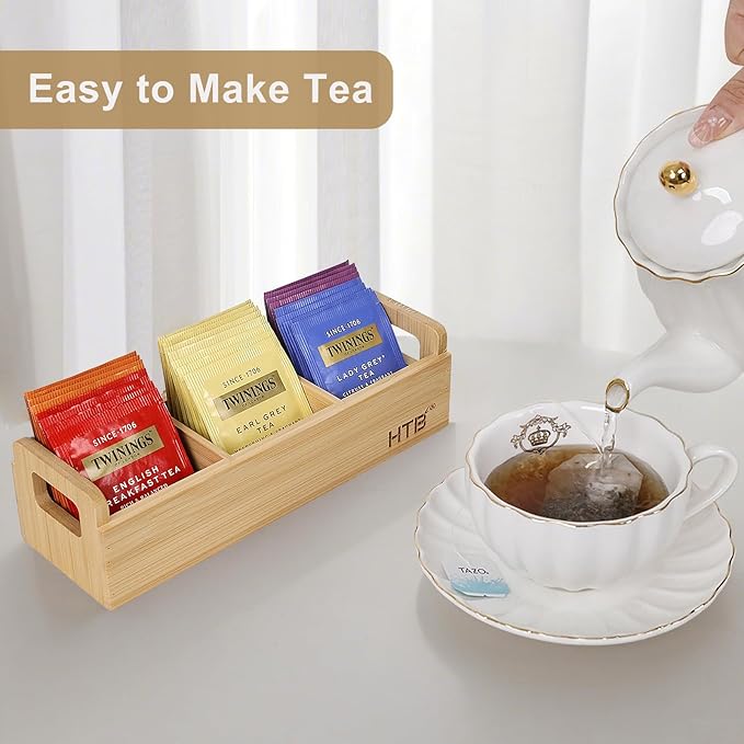 HTB Small Tea Bag Holder, Bamboo Tea Organizer 3 Compartments for Beverage Suppliers, Sugar, Sweeteners, Individual Packets, Portable Tea Bag Organizer for Home Kitchen Counter or Office