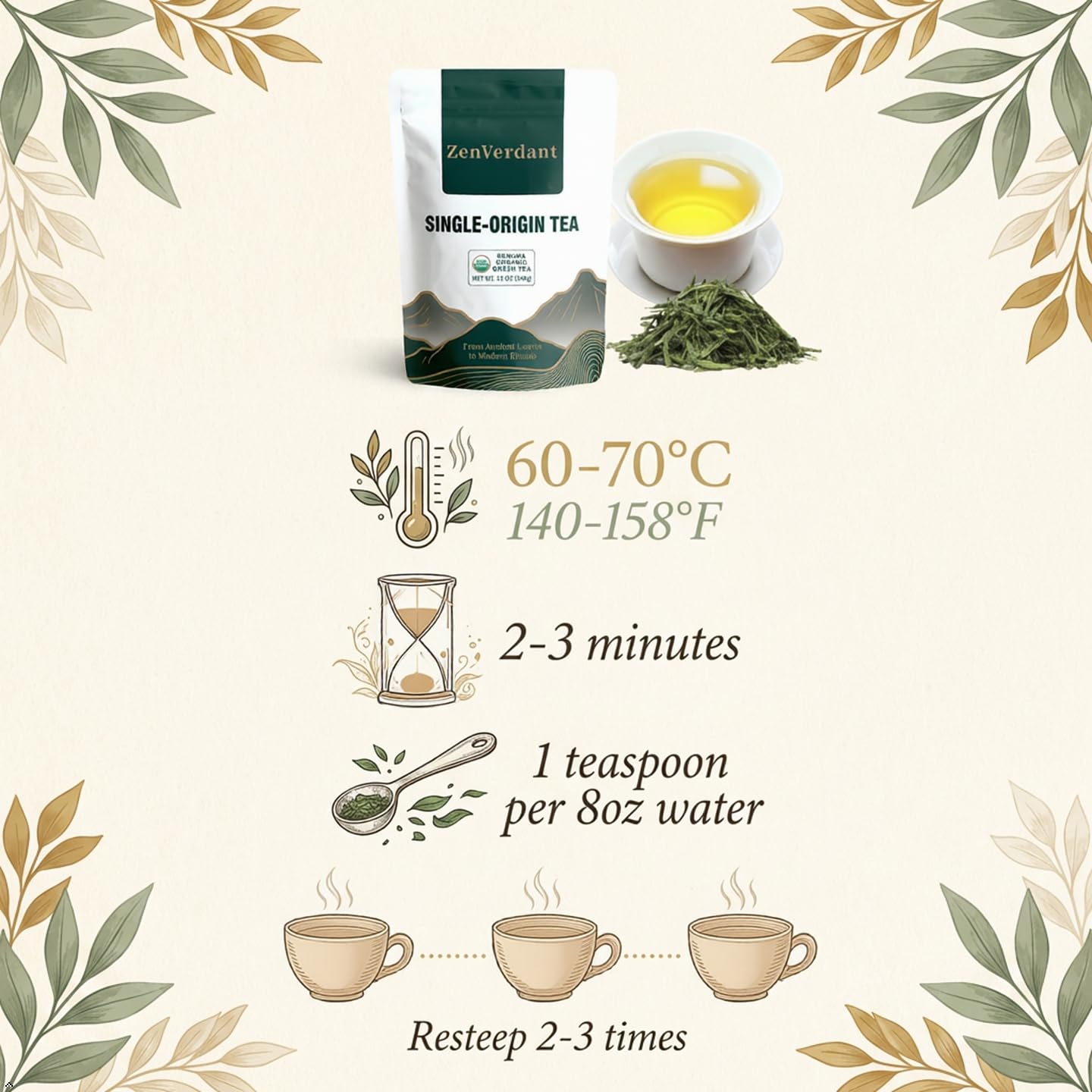 ZenVerdant Organic Sencha Green Tea,10oz, 150+ Cups | Smooth &amp; Clean Refreshing Taste, Premium Japanese Style Sencha, Resealable Fresh Pouch, Perfect for Hot &amp; Iced Tea
