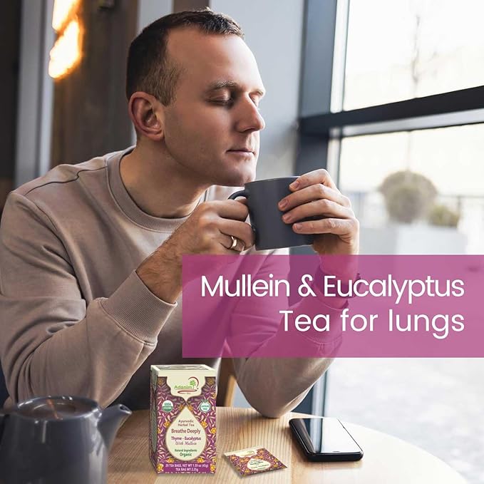 Adanim Bio Ayurvedic Herbal Tea Breathe Deeply Thyme Eucalyptus Mullein Tea USDA Organic Antioxidant Rich Healthy Herbal Tea Wellness 20 Tea Bags