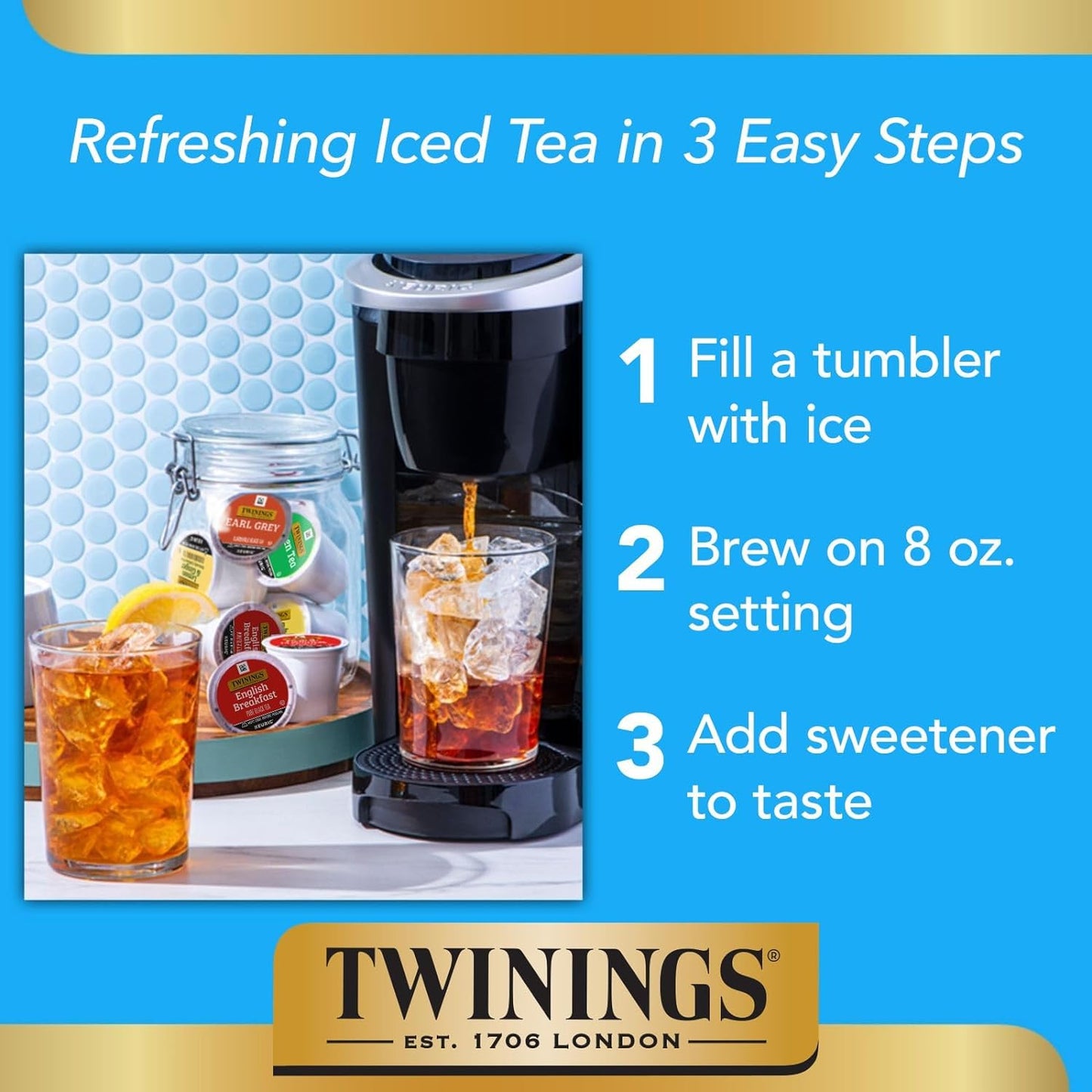 Twinings Brew Over Ice Unsweetened Black Iced Tea K-Cups 24 CT Box (1 Pack) | Refreshing, Smooth, Pure Black Tea, Naturally Caffeinated, 24 Keurig Pods for Single Serve Brewers, Fresh Iced Tea in Seconds