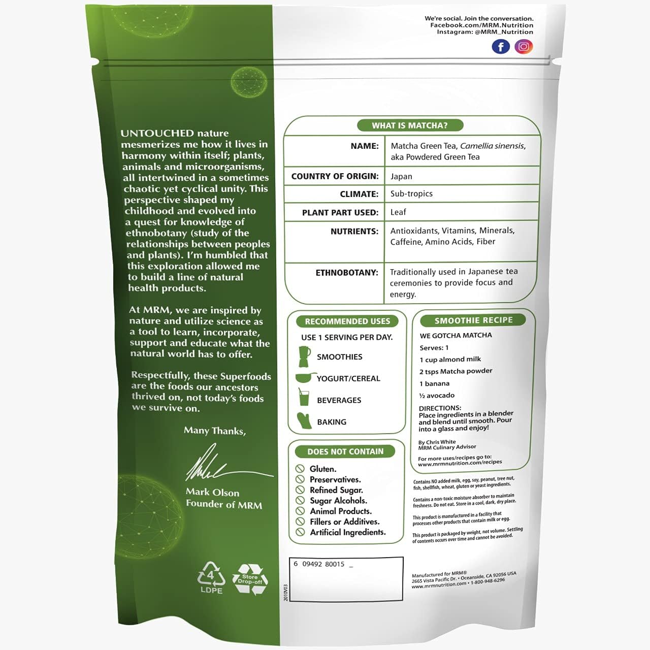MRM Nutrition Superfoods Matcha Green Tea Powder - Grown In Japan, Superfood Powder for Matcha Lattes, Smoothies & Baking -Vegan, Gluten-Free and Non-GMO verified - 42 Servings