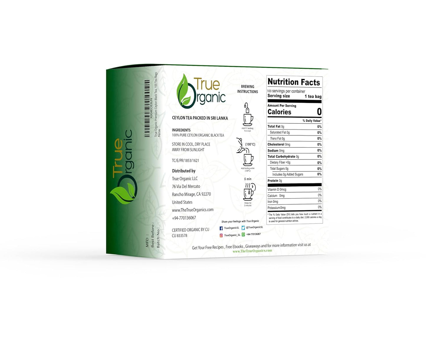 True Organic Premium Ceylon Black Tea |100 Count Tea Bags | USDA Organic & Kosher Certified |100 Envelop Organic Black Tea Bags for Your Home & Cafe.