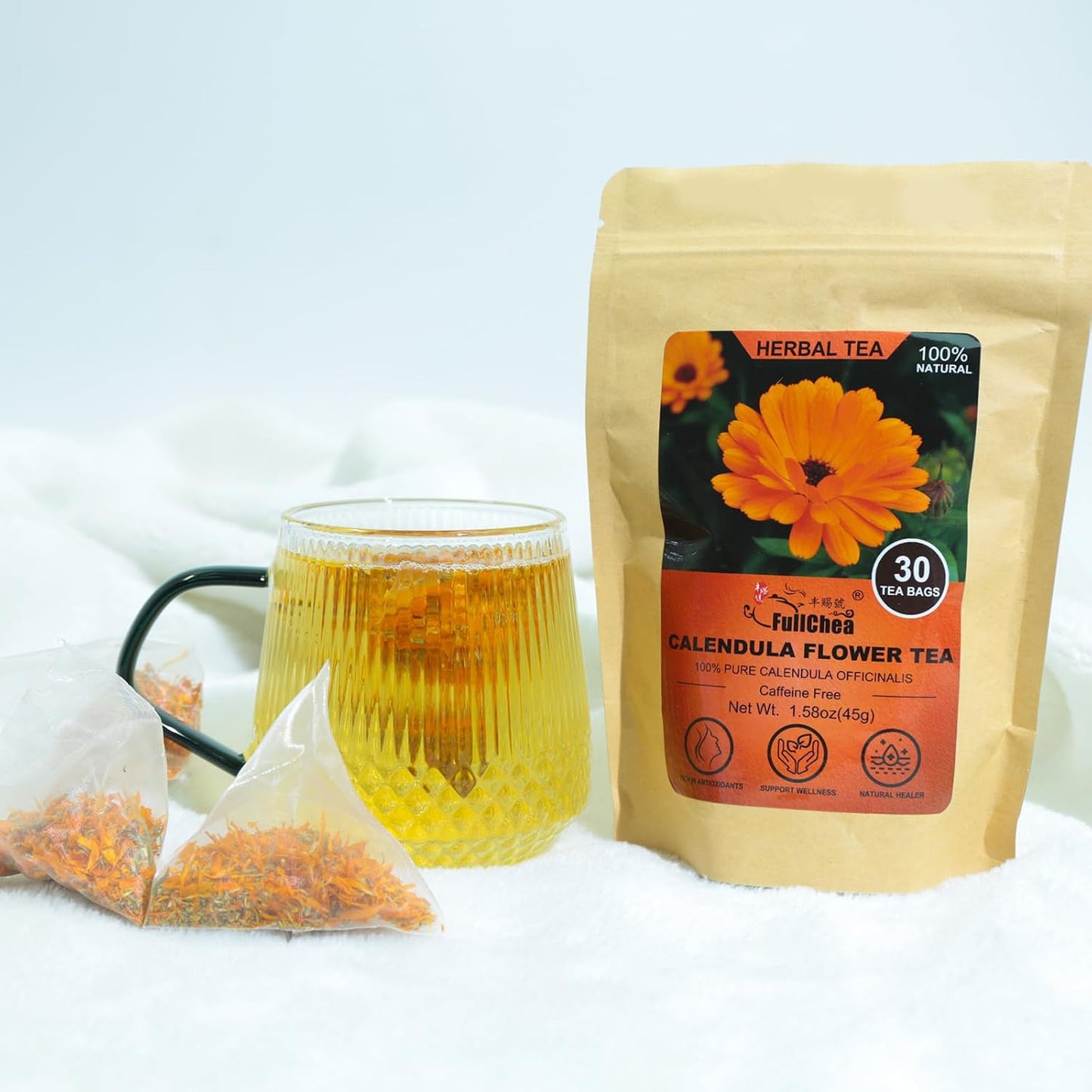 FullChea Premium Cut &amp; Sifted Calendula Tea Bags, 1.5g X 30 Count | Pure Natural Calendula Flowers For Skin Health &amp; Support Wellness, Non-GMO, Caffeine-free, Bittersweet &amp; Mellow
