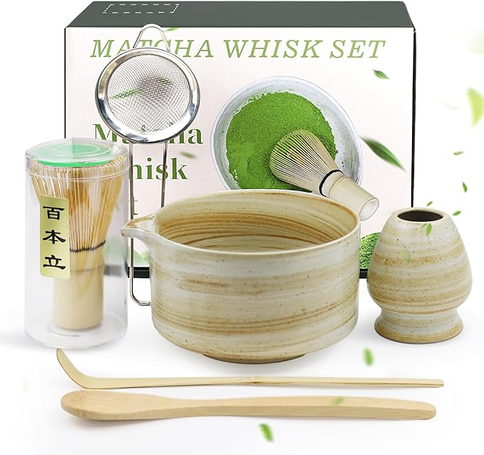 Matcha Whisk Set, 6 PCS Tools, Includes Ceramic Matcha Bowl, Whisk and Holder, 2PCS Bamboo Scoops, Sifter, Great Gift for Festivals