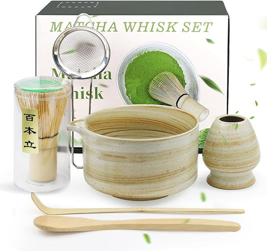 Matcha Whisk Set, 6 PCS Tools, Includes Ceramic Matcha Bowl, Whisk and Holder, 2PCS Bamboo Scoops, Sifter, Great Gift for Festivals