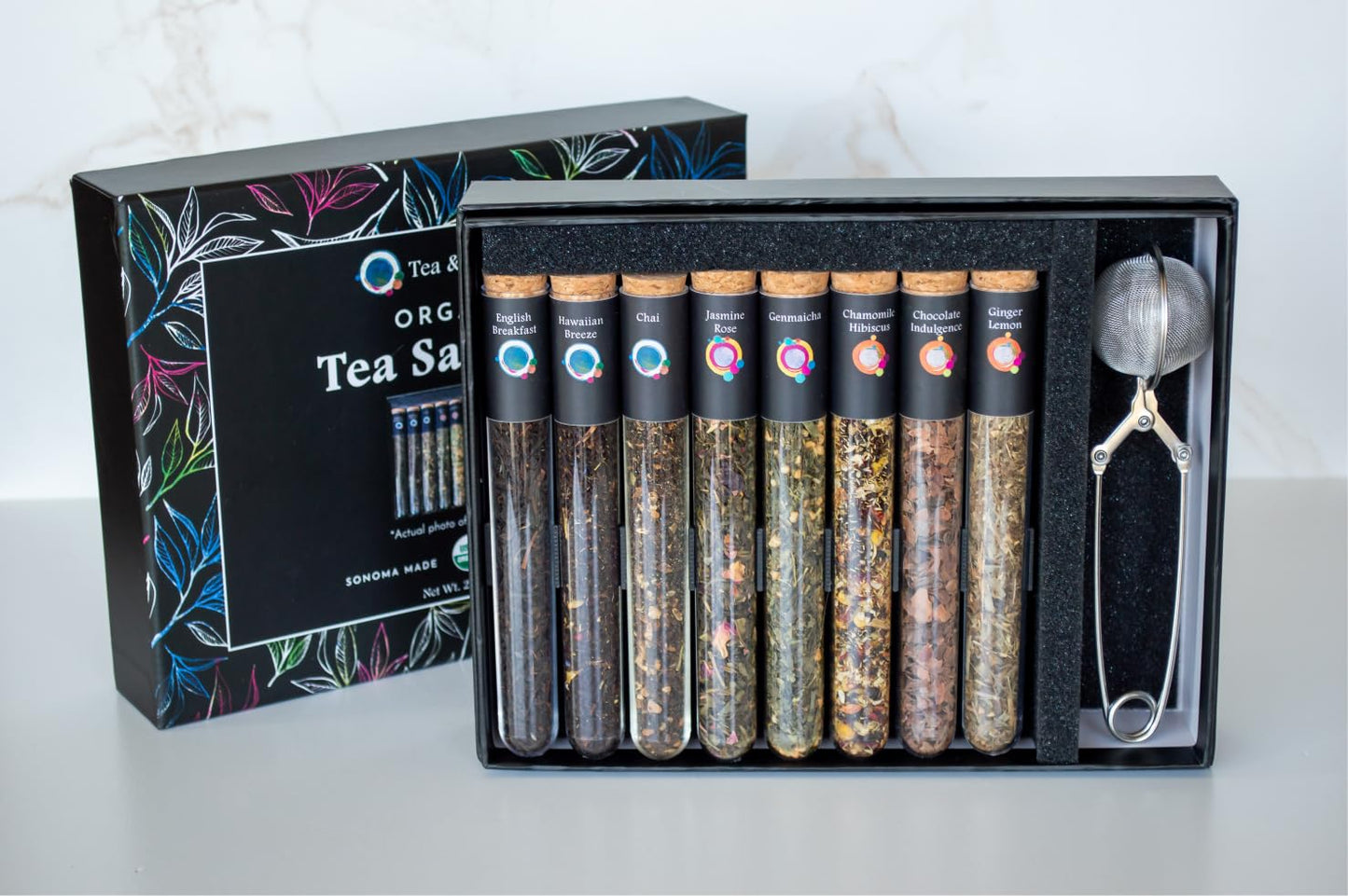 Tea & Trumpets, Organic Loose Tea Sampler Gift Set with Infuser (8 Teas, 30+ Cups) - Green Tea, Black Tea, Herbal Tea, and infuser, Gifts for women