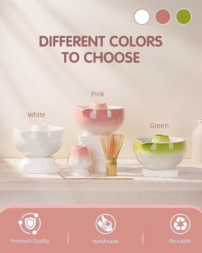 ZENS Pink Matcha Set, 6pcs Matcha Kit Includes Ceramic Bowl, Handcrafted Bamboo Whisk and Chasen Holder, Scoop, 304 Sifter & Tea Mat, Matcha Whisk Set Gift for Matcha Lovers