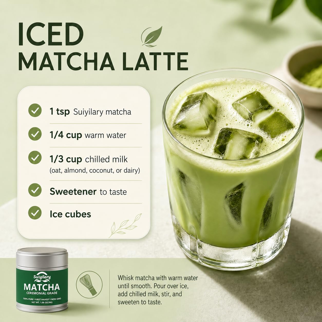 Suiyilary Ceremonial Grade Matcha Powder, Premium First Harvest Green Tea Powder – 100% Pure Matcha Tea, Vegan, Gluten-Free, Sugar-Free with No Additives (30g/1.06oz)