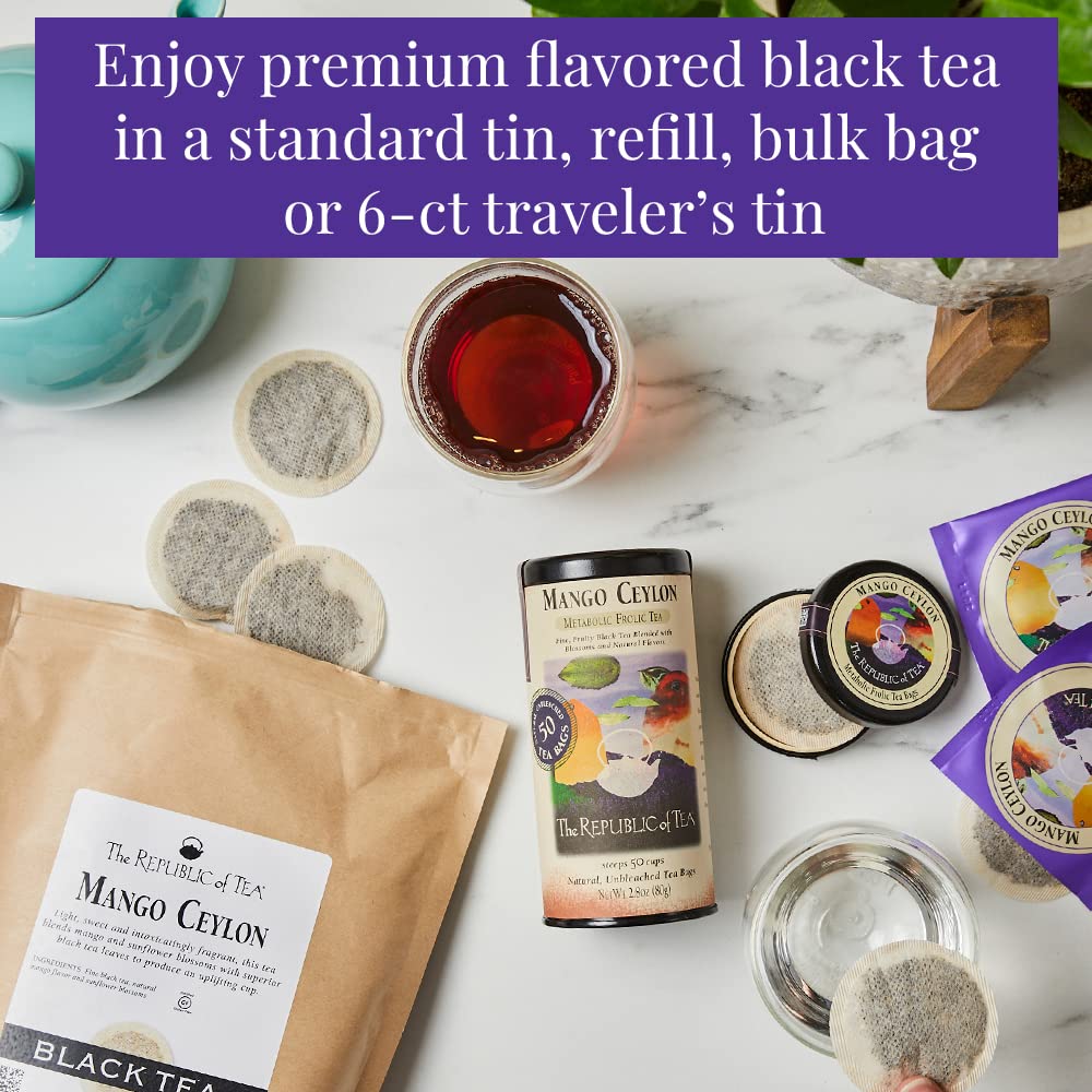 The Republic of Tea Mango Ceylon Black Tea, Naturally Caffeinated, 50 Count | Made for morning or afternoon sipping. Brisk and full-bodied with notes of juicy fruit. Gluten Free and Carb Free.